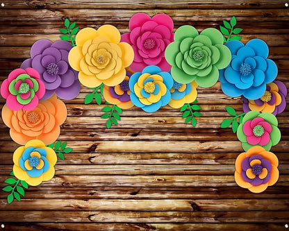 Frienda 36 Pcs DIY Paper Flower Decor Set with 83x59 Inch Custom Background Cloth and Rope, Artificial 3D Flower Wall Decor for Wall Bulletin Board Wedding Halloween Mexican Festive Party(Wooden)