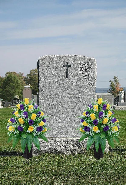 Artificial Cemetery Flowers, Gravesite Decoration Roses, Memorial Bouquets with Cemetery Vase, Vibrant and Long-Lasting Colors （ Yellow+Purple, 2 Bundles