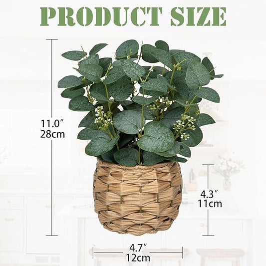 DILATATA Artificial Eucalyptus Stems in Woven Basket Planter, 11" Fake Plant Eucalyptus Leaves with White Seeds Faux Potted Plant Greenery for Table Centerpiece Office Indoor Home Decor