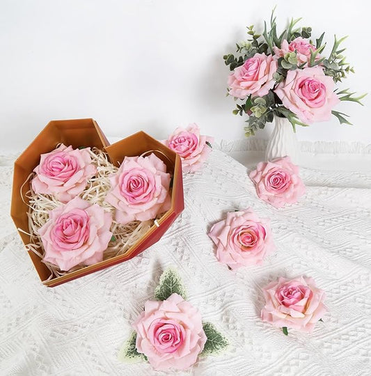 Pink Roses Artificial Flowers 4.3" Velvet Roses 16pcs Pink Flowers Artificial for Decoration Fake Pink Roses for Wedding Bridal Bouquets Party Centerpieces Home Table Decor (Pink)