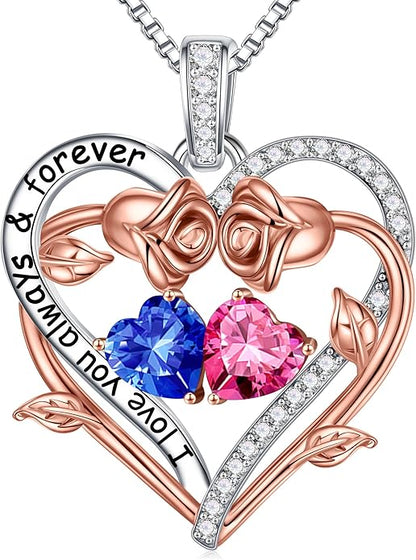 Iefil Rose Heart Double Birthstone Necklace Gifts for Wife Her Mom Women, Birthstone Jewelry Gemstone Birthday Gifts for Girlfriend Grandma Her Wife Women
