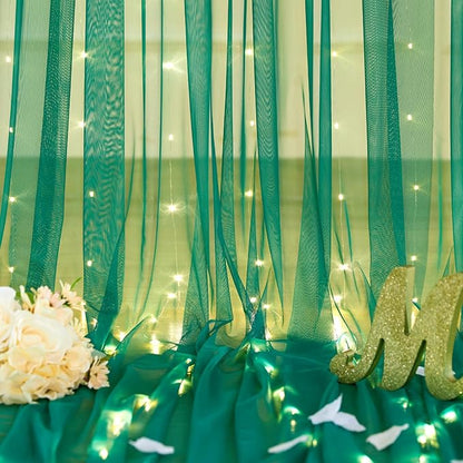 10ft x 8ft Hunter Green Tulle Photo Backdrop Curtain with Lights String for Christmas Party Sheer Curtain Backdrop Drapes for Birthday Party Holiday Wedding Photo Booth Background Room Decorations