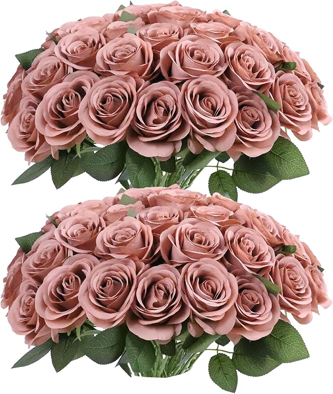 52pcs Dusty Rose Roses Artificial Flowers Fake Flowers Silk Roses with Stems for DIY Wedding Bouquets Bridal Shower Centerpieces Arrangements Party Decorations