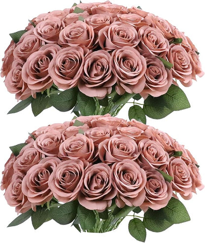 52pcs Dusty Rose Roses Artificial Flowers Fake Flowers Silk Roses with Stems for DIY Wedding Bouquets Bridal Shower Centerpieces Arrangements Party Decorations