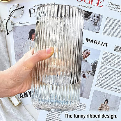 Muyan 9.8" Flower Vase for Decor Ribbed Glass Vase Modern for Centerpieces Desktop Home Office Dining Living Room Wedding (Clear)