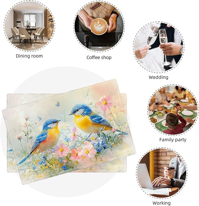 Birds Placemats Set of 4 Animal Birds Watercolor Table Mats Washable Place Mats for Home Party Kitchen Indoor Outdoor Restaurants 4 PCS
