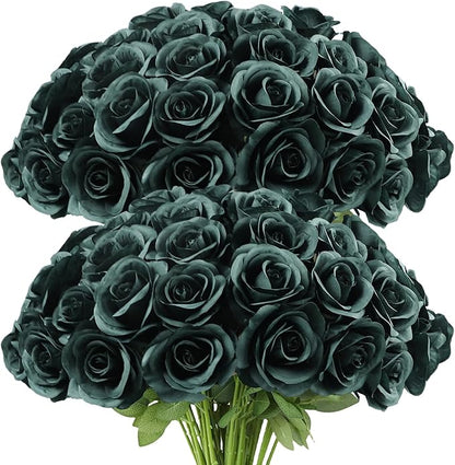Artificial Rose Flower Artificial Flowers Flower with Long Stem Silk Roses Bouquet for Wedding Bridal Shower Party Home Decoration (Peacock Green, 50 Pcs)