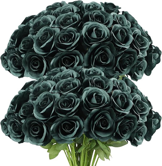 Artificial Rose Flower Artificial Flowers Flower with Long Stem Silk Roses Bouquet for Wedding Bridal Shower Party Home Decoration (Peacock Green, 50 Pcs)
