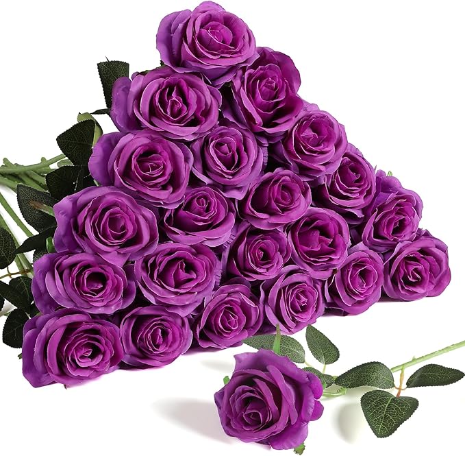 Nubry 24pcs Artificial Silk Roses Bulk,Fake Roses Flower with Stems Realistic Flowers for Wedding Centerpiece Home Party Decor(Purple)
