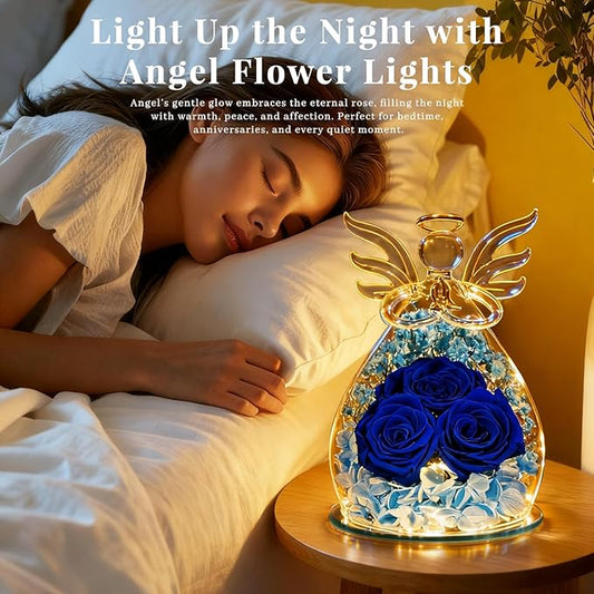 Beferr Christmas Birthday Gifts for Women, Mom Gifts for Christmas Fresh Flowers for Delivery Prime Forever Preserved Rose in Glass Angel Figurine Xmas Gifts for Grandma Wife Sister Her, Dark Blue