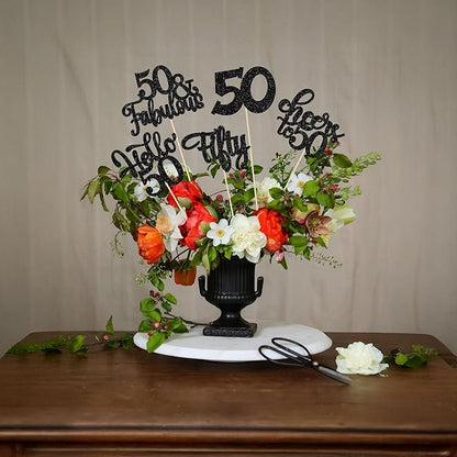 Gyufise 15Pcs 50th Birthday Centerpiece Sticks Fifty Happy 50th Table Flower Centerpieces Sticks Cheers to 50 Floral Decorations for 50th Birthday Party Centerpieces Supplies Black