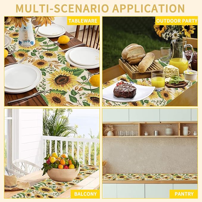 Table Runner Sunflower Leaves Table Runners Summer Seasonal Kitchen Dinning Decor for Indoor Outdoor Holiday Home Wedding Party 13x70 Inch