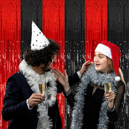 2 Pack Black and Red Party Backdrop Streamers Decorations Foil Fringe Curtains Metallic Tinsel Backdrop for Birthday Halloween Christmas New Year Fancy Ball Graduation Party Decor