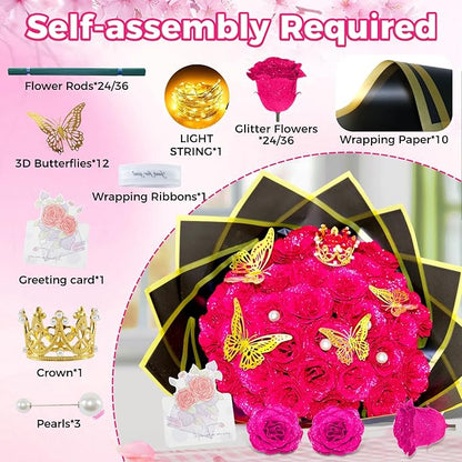 Rose Pink Glitter Roses Bouquet, 24 Pcs Shiny Glitter Flowers Bouquet, Everlasting DIY Artificial Roses Bouquet for Christmas, Birthday, Anniversary, Wedding, Engagement