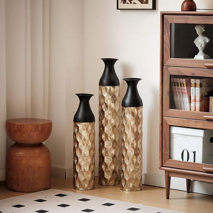 Floor Oversized Gold Metal Decorative Vase with 3D Triangle Pattern Set of 3 Large Vases for Home Living Room 33.5 ", 29.5 ", 25.2" High (Black+Gold)