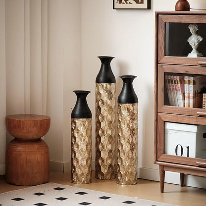 Floor Oversized Gold Metal Decorative Vase with 3D Triangle Pattern Set of 3 Large Vases for Home Living Room 33.5 ", 29.5 ", 25.2" High (Black+Gold)