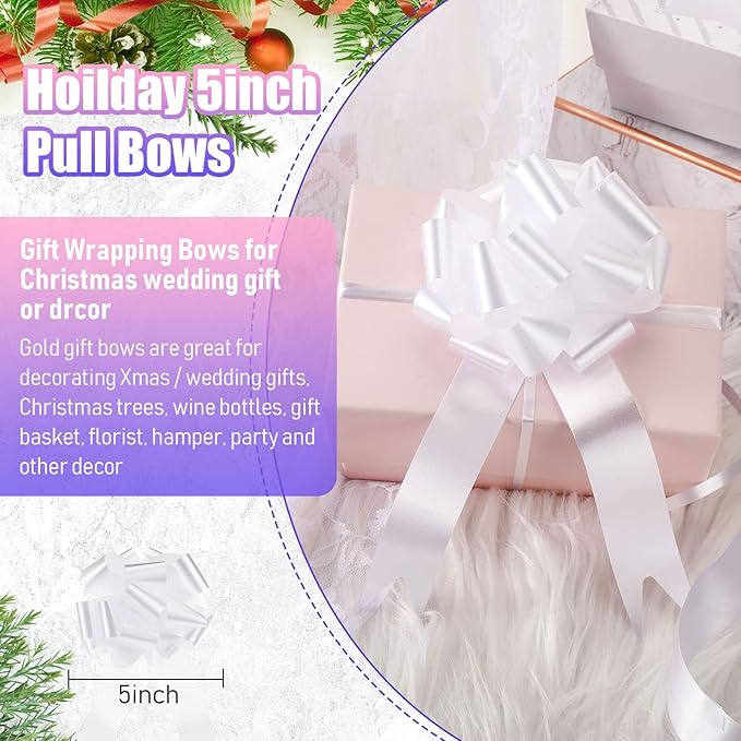 100 Pcs 5 Inch Christmas Pull Bows for Gift Wrapping, Gift Wrapping Pull Bows with Ribbon for Christmas Presents Wedding Decor Basket Bag Holiday Decor(White)