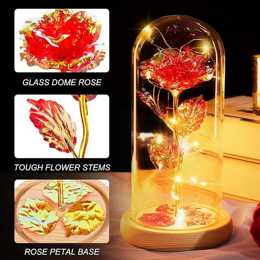 Beferr Mom Birthday Gifts for Women, Galaxy Glass Rose Forever Preserved Flowers for Delivery Prime Light Up Rose in Glass Dome Christmas Rose Gifts for Her Wife Daughter Friends, Red