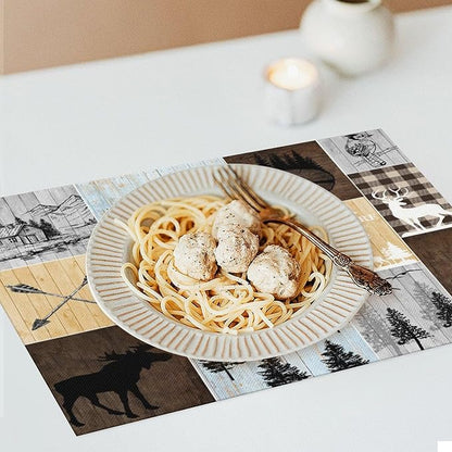 Rustic Lodge Bear Deer Placemats 4 Pcs,Vintage Cabin Pine Cone Plaid Place Mats,Linen Dining Table Mats Home Kitchen Decor, 18 X 12 Inch 4 PCS, Style-22