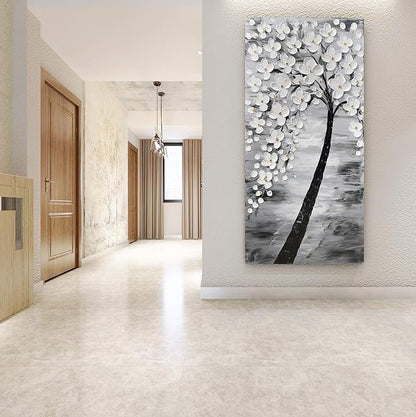 Yihui Arts Hand-Painted Textured White Blossom Tree Art on Canvas, Grey & Black Toned Floral Painting for Modern Home Decor, Unique Thick Textured Petals Wall Art
