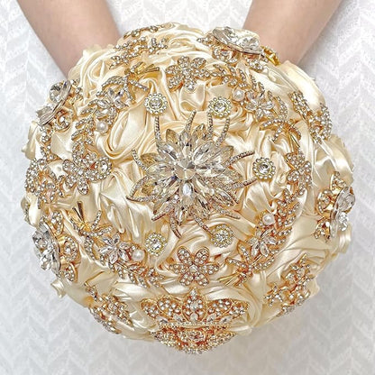 Handmade Satin Rose Floral Bling Pearl Decor Bridal Wedding Bouquet Rhinestone Pendant Artificial Brooch Flowers for Bride Bridesmaid Quinceanera