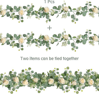 TOCHGREEN 2Pcs(13 Ft) Artificial Eucalyptus Flower Garland with Champagne Rose Flowers,Faux Rose Vine Gypsophila,Floral Greenery for Home Wedding Table Decor (Champagne, 2PCS)