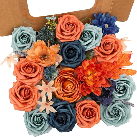 SwanMoon Artificial Flowers Combo Box Set, Halloween 26pcs Orange Silk Roses & Daisy with Stems for DIY Wedding Bouquets, Autumn Party Centerpieces & Home Decor
