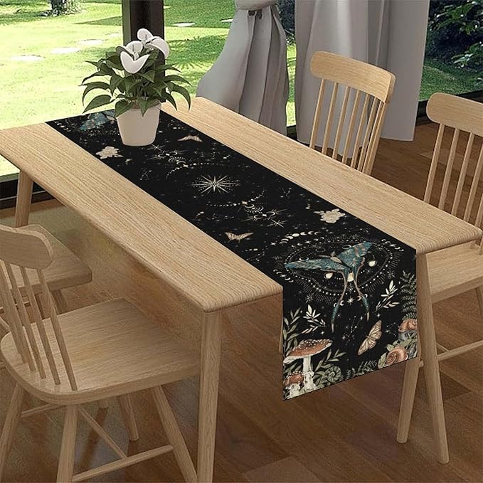 Gothic Moth Table Runner, Boho Gothic Sun Moon Phase Mystical Mushroom Floral Witchy Farmhouse Coffee Table Center Decor for Home Kitchen Dining Patio Holiday Party Table Decorations 13x36 inches