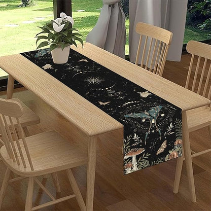 Gothic Moth Table Runner, Boho Gothic Sun Moon Phase Mystical Mushroom Floral Witchy Farmhouse Coffee Table Center Decor for Home Kitchen Dining Patio Holiday Party Table Decorations 13x90 inches