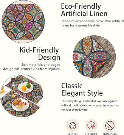 Mandala Flower Placemats Set of 6,Vintage Boho Flower Place Mats Heat Resistant Washable Non-Slip Table Mats for Party Kitchen Dining Decor 12x18 Inch