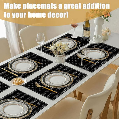 Black Camo American Flag Placemats Set of 6, Linen Place Mat Washable Stain Resistant Table Mats for Farmhouse Kitchen Dining Party Wedding Decor 12x18 Inch