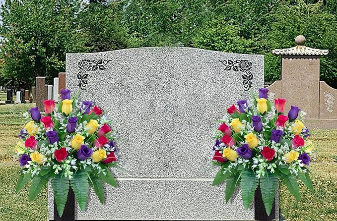 Artificial Cemetery Flowers, Gravesite Decoration Roses, Memorial Bouquets with Cemetery Vase, Vibrant and Long-Lasting Colors (Yellow+Purple+Brilliant Red, 2 Bundles)