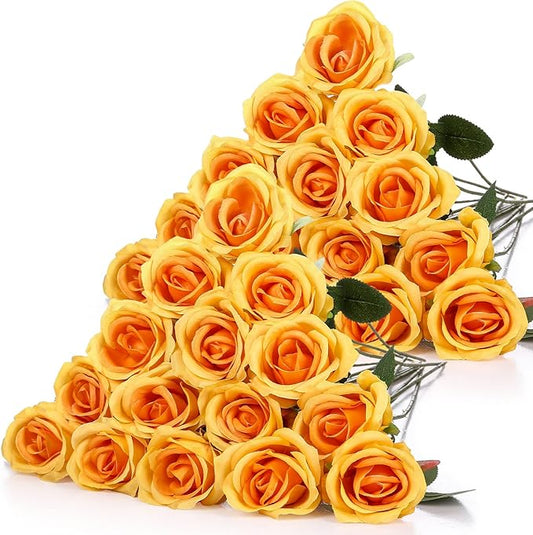 Hotop 40 Pcs Rose Artificial Flowers Bulk with Long Stem,Realistic Silk Fake Roses Bouquet for Home Wedding Centerpieces Party Table Decoration Valentines Gifts(Orange)