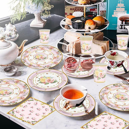 96 Pcs Tea Party Decorations, Floral Paper Plates Floral Cups & Napkins Set for Serves 24, Disposable Plates for Baby Shower, Bridal Shower, Wedding, Garden Party