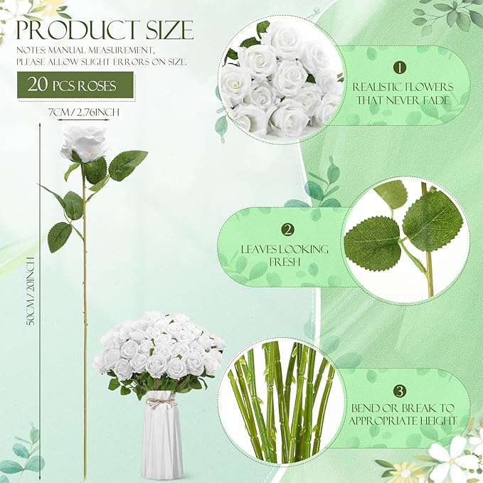 Hotop 20 Pcs Artificial Rose Flowers with Long Stem,Real Touch Silk Realistic Plastic Bouquet Roses Bulk for Home Decor Bridal Wedding Party Table Centerpieces Decorations(Pure White)