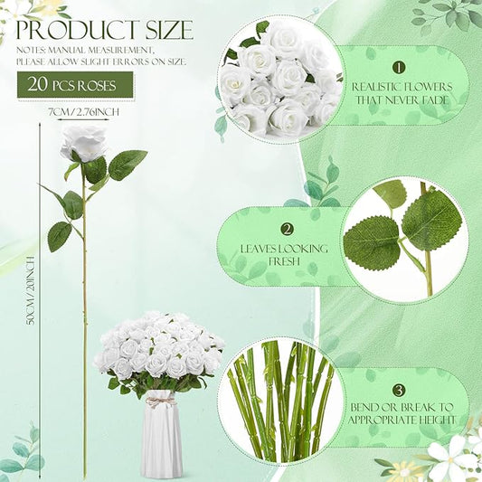 Hotop 20 Pcs Artificial Rose Flowers with Long Stem,Real Touch Silk Realistic Plastic Bouquet Roses Bulk for Home Decor Bridal Wedding Party Table Centerpieces Decorations(Pure White)