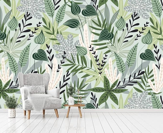 Cliouar-Watercolor Green Leaves Tropical Plants Bedroom Living Room Decoration Mural Wallpaper 158" x 110"(Not Self-Adhesive)