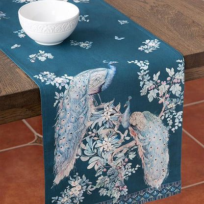 Maison d' Hermine Tablerunners 100% Combed Cotton Premium Table Runner Decorative Table Cover, Home, Kitchen & Camping, Peacock Utopia - Deep Sea, Double Layer - (14.5"x108")
