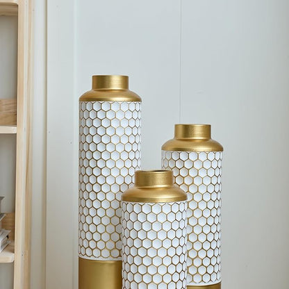 Metal Floor Vases Decorative, Set of 3 Flower Arrangement Stand, Gold＆White Hexagon Metal Floor Vases for Living Room, Bedroom & Entryway, 32.6", 28.34", 24" H (Gold＆White Hexagon)