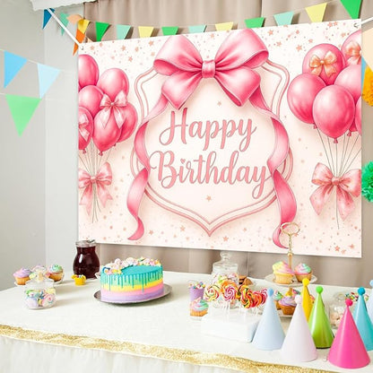 Happy Birthday Backdrop for Girls - 7x5ft Pink Bow Coquette Party Background, Photography Banner Decoration for Baby Toddler Kids First Birthday, Photo Booth Backdrop