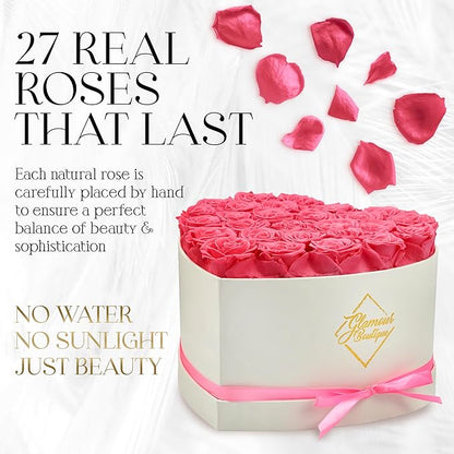 GLAMOUR BOUTIQUE Preserved Roses in a Box - Gifts for Her, Wife & Mom, Rose Flowers Forever Decor for Birthday Gift, Get Well Flower Bouquet Cased in White Box with Cover - Pink - 27-Piece