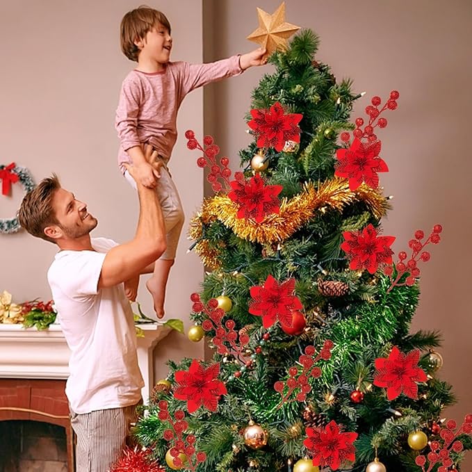 24 Pcs Red Boxed Christmas Poinsettia Flowers Set, 16 Pcs Artificial Poinsettias with Clips, 8 pcs Glitter Christmas Tree Ornaments Berry Stems for Wedding Home Holiday Xmas New Year Decorations