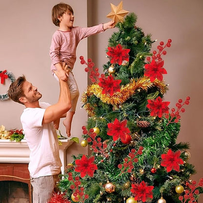 24 Pcs Red Boxed Christmas Poinsettia Flowers Set, 16 Pcs Artificial Poinsettias with Clips, 8 pcs Glitter Christmas Tree Ornaments Berry Stems for Wedding Home Holiday Xmas New Year Decorations