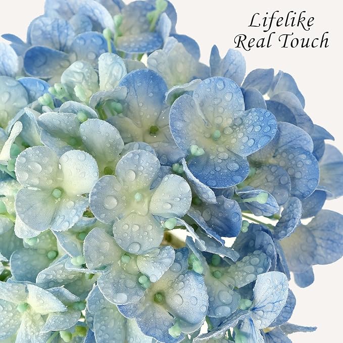 Blue Faux Hydrangea Flowers for Decoration,4Pcs 20" Real Touch Lifelike Faux Flowers, Full Fake Artificial Hydrangeas with Stems for Bouquet Table Centerpieces Spring Home Decoration