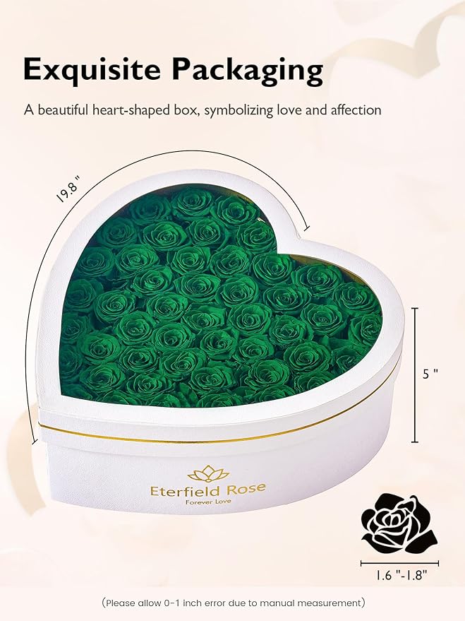 Eterfield 47 Forever Flowers in Heart Shape Box, Preserved Roses That Last a Year Preserved Flowers Birthday Gifts for Her Mom Women Wife Anniversary Valentines Day Mothers Day Christmas, Green