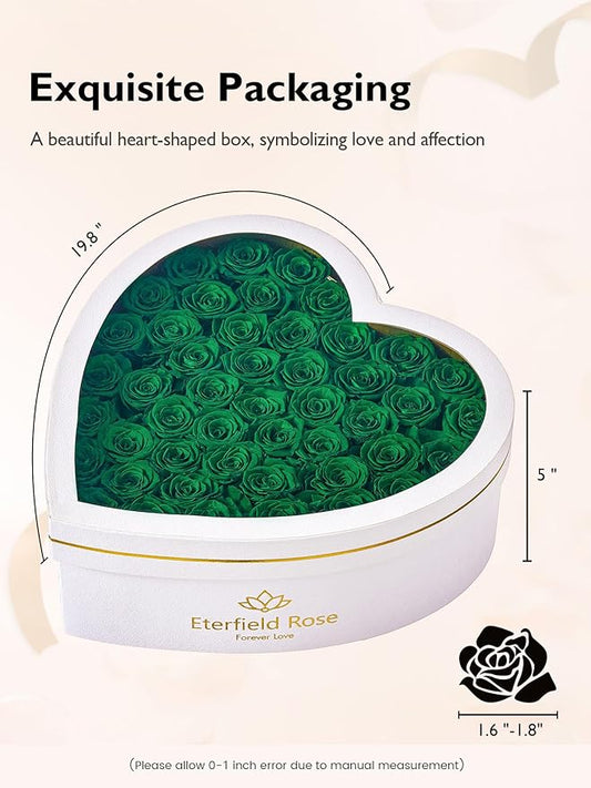 Eterfield 47 Forever Flowers in Heart Shape Box, Preserved Roses That Last a Year Preserved Flowers Birthday Gifts for Her Mom Women Wife Anniversary Valentines Day Mothers Day Christmas, Green