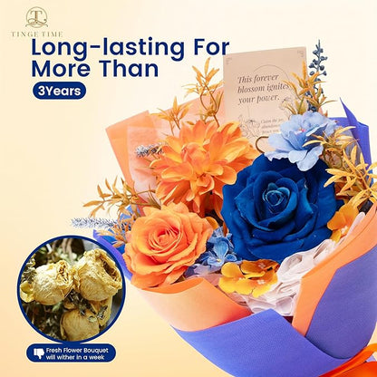 TINGE TIME Preserved Flowers Bouquet, Orange & Navy Blue Roses Gift Bouquet, Aritifical Flowers Gifts for Women, Eternal Roses Bouquet for Wife Anniversary Christmas Anniversary Home Décor