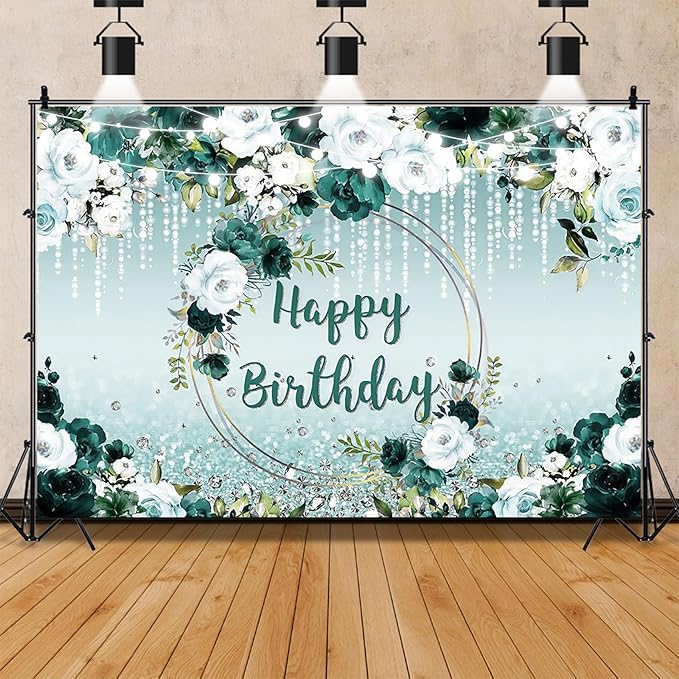 Renaiss 10x6.5ft Floral Happy Birthday Backdrop for Woman Fabric Green White Flowers Blooming Flower Photography Background Shinning Diamond Photo Backdrops for Birthday Party Supply