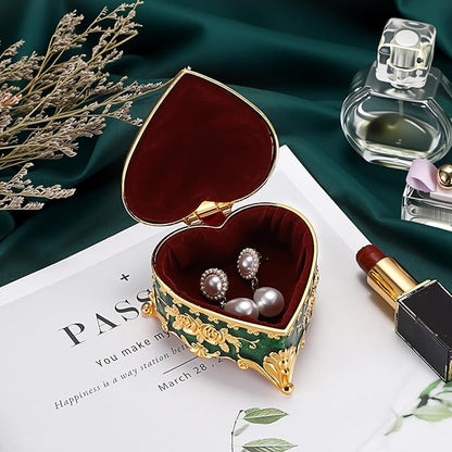 Hipiwe Vintage Jewelry Storage Box Heart Shaped Trinket Box Green Decorative Keepsake Box with Rose Pattern Treasure Organizer Holder for Women