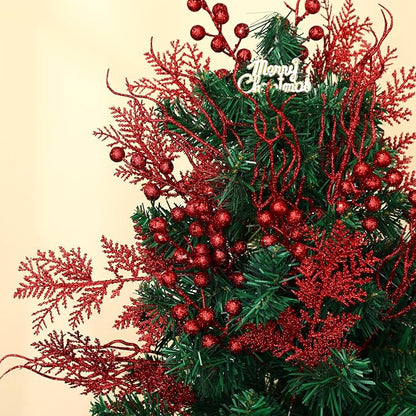 75 Pcs Christmas Glitter Branches 3 Styles Artificial Christmas Picks Berries Stems Pine Needles Floral Twig Spray for Xmas Tree Ornaments DIY Wreath Garland(Red)